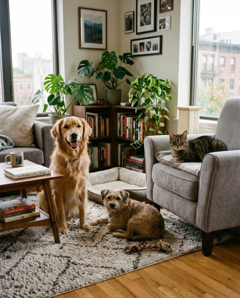 Two dogs and a cat in a cosy home