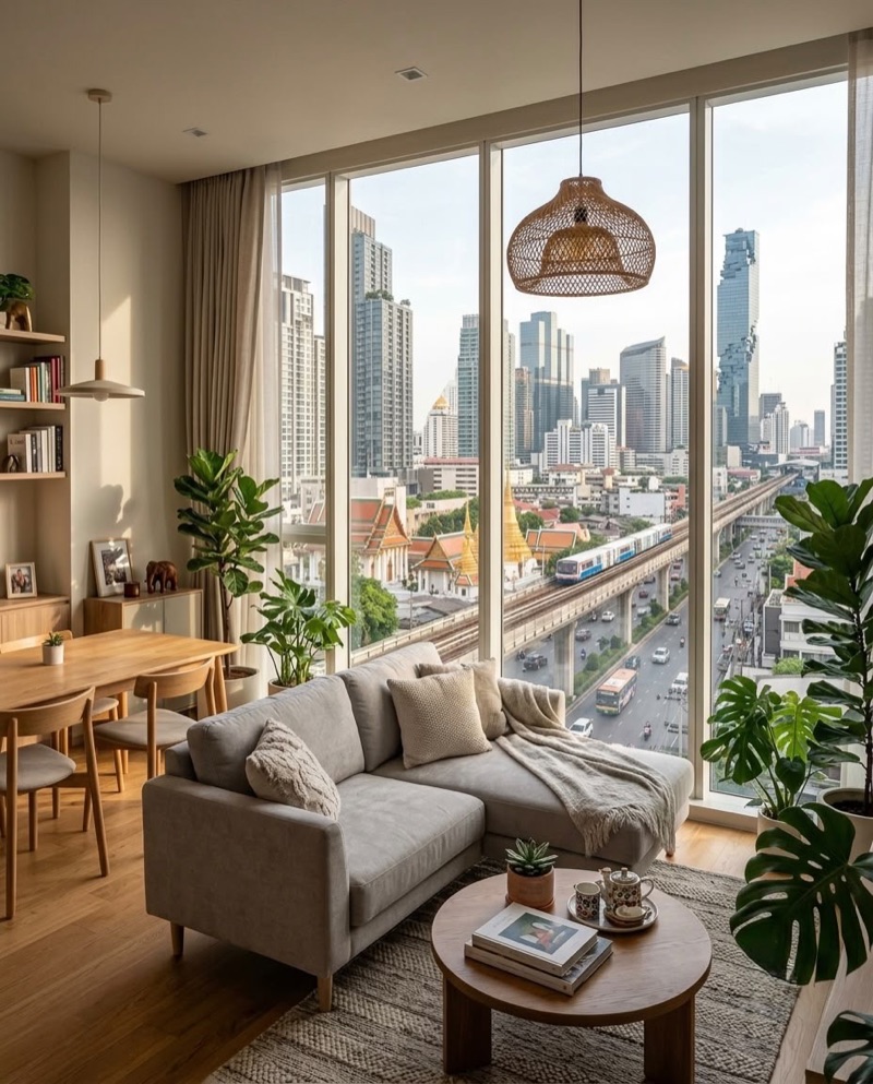 Bright Bangkok living room with skyline view